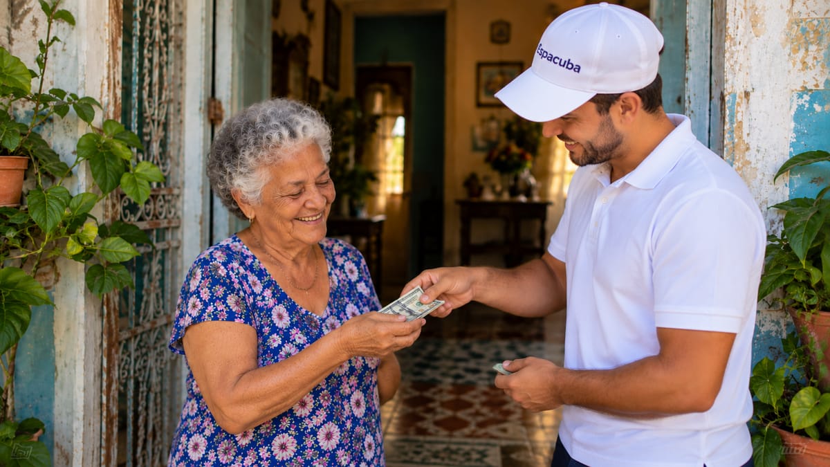 Un repartidor de Espacuba entrega dinero en mano a una señora mayor en la puerta de su casa en Cuba