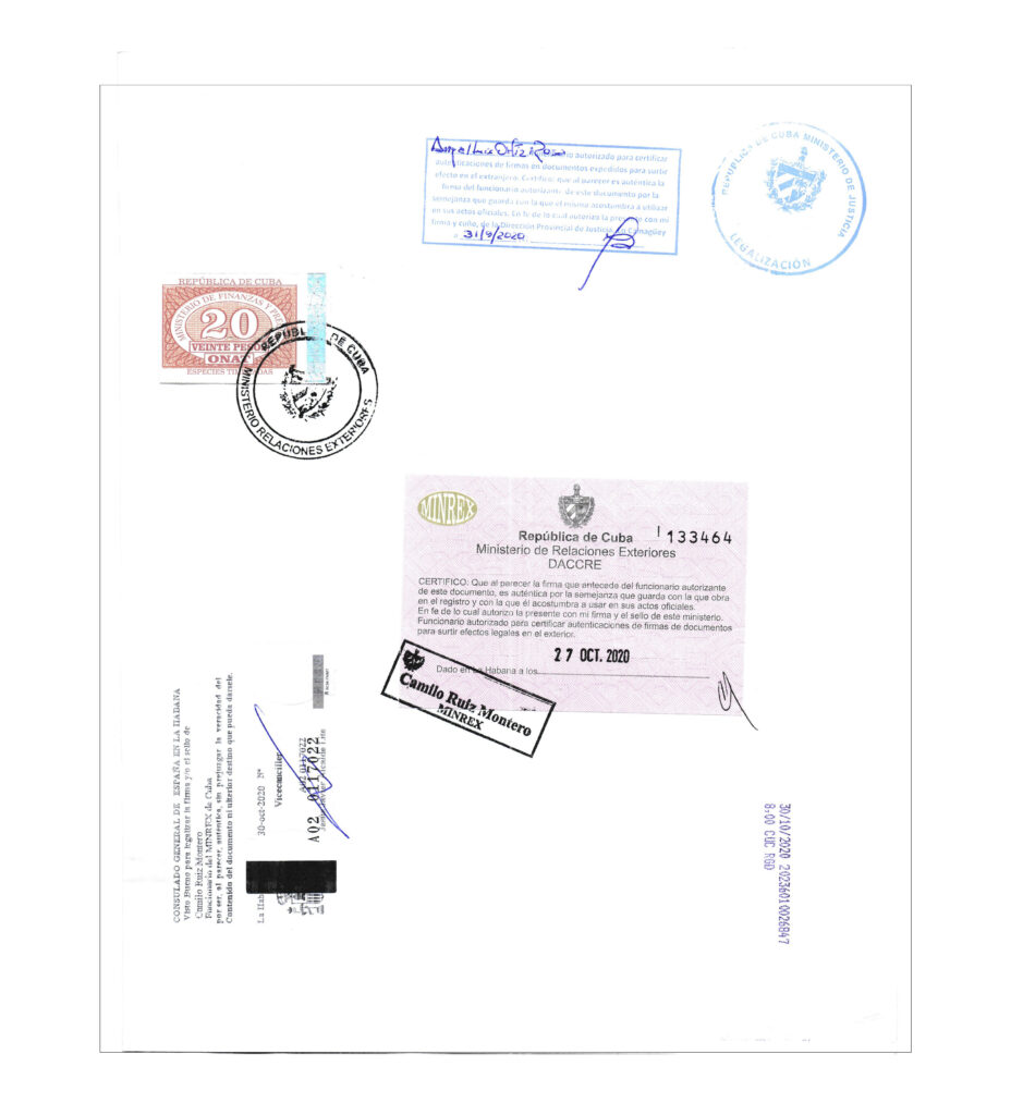 Certificado de Nacimiento de Cuba Legalizado por el MINREX y el Consulado de España en la Habana