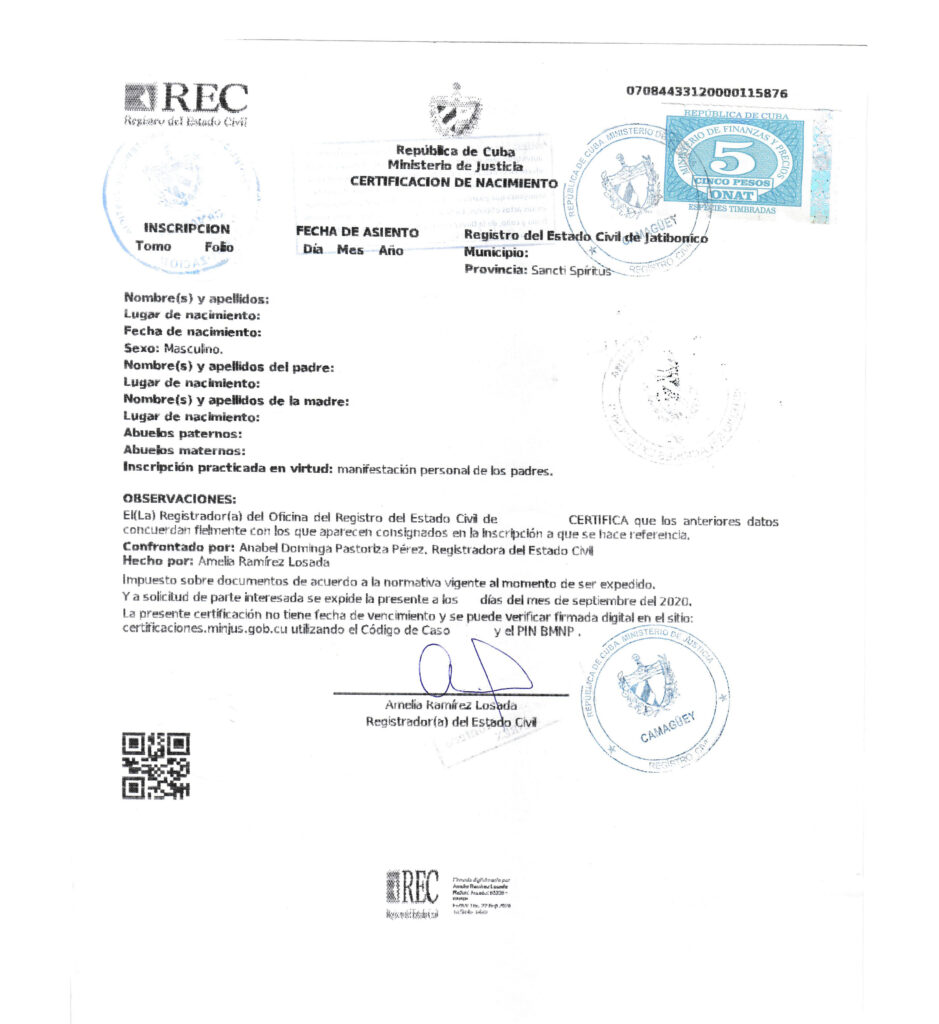 Certificado de Nacimiento de Cuba Legalizado por el MINREX y el Consulado de España en la Habana