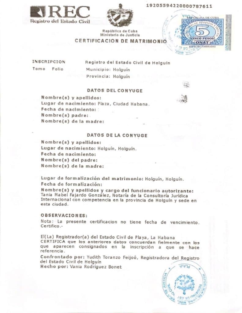 Certificado de Matrimonio de Cuba Legalizado por el MINREX y el Consulado de España en la Habana